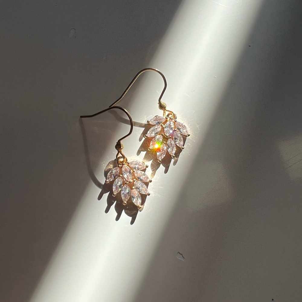 Elegant Modern Sparkly Gold Leaf Zircon Stainless Steel Earrings wedding style